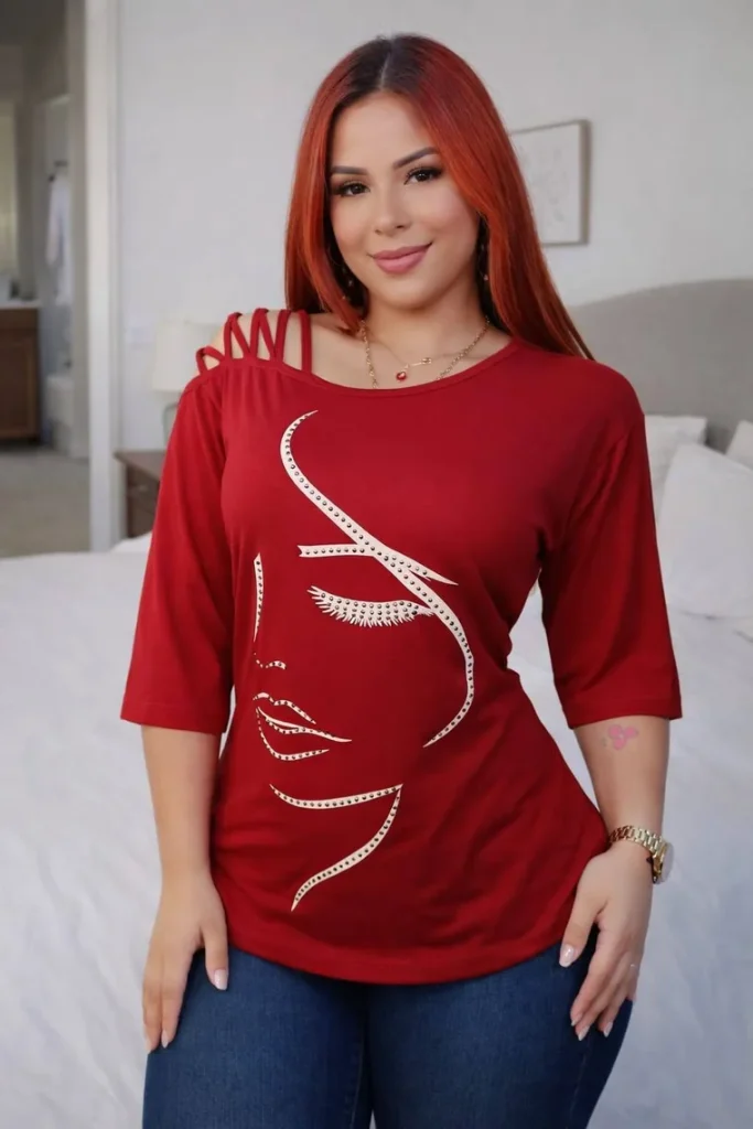 Polo rojo con estampado de líneas doradas