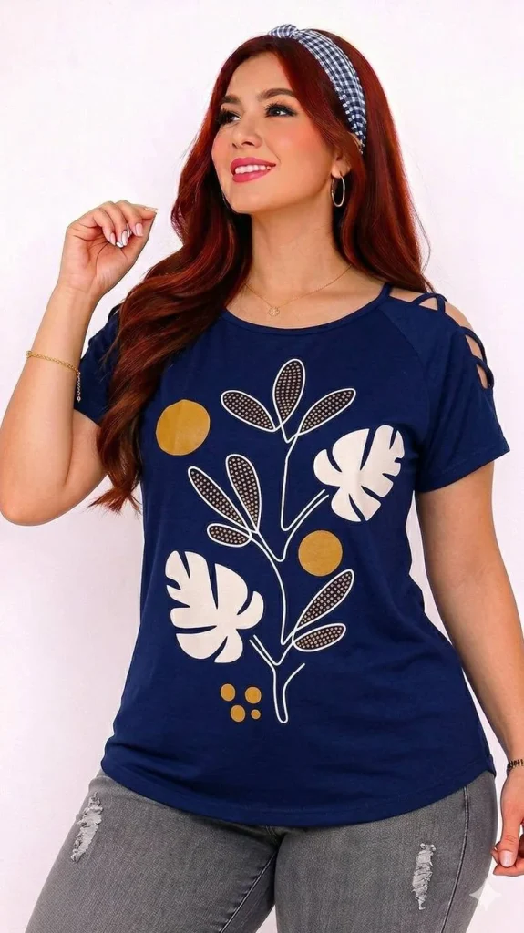 Polo azul marino con estampado de hojas
